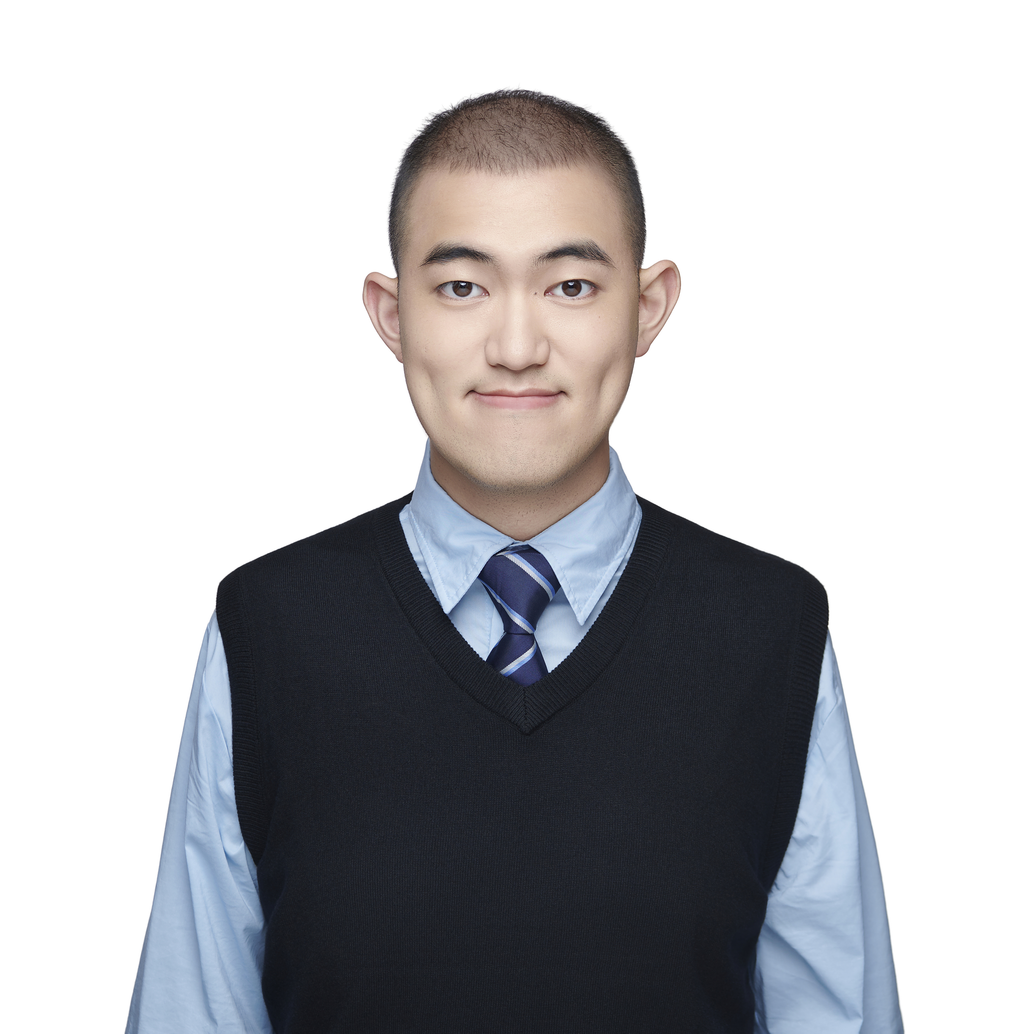 Zhexi (Hugo) Zhang, smiling in a blue shirt, tie and dark waistcoat.